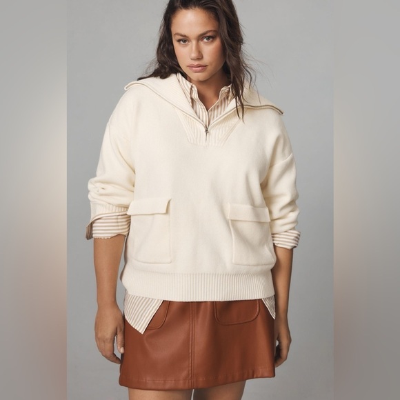 By Anthropologie English Factory Half Zip Sweater Ivory - Picture 1 of 12